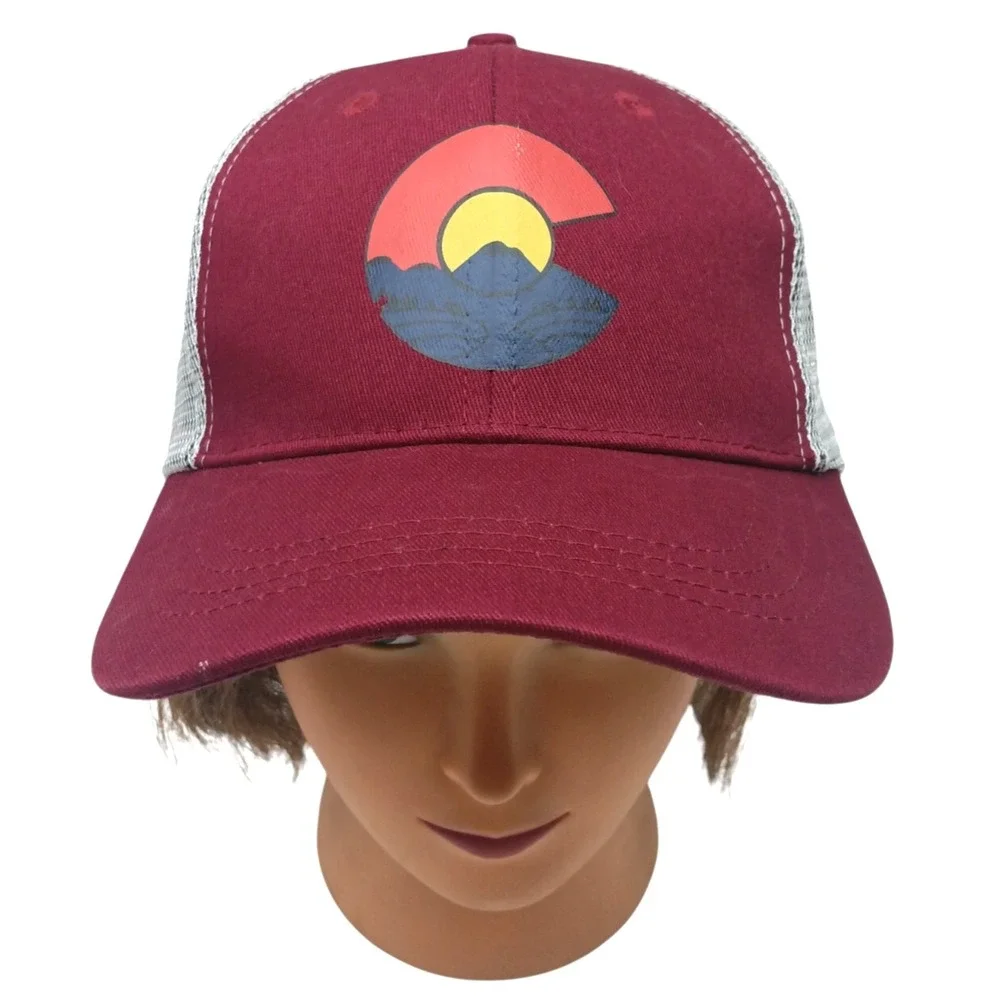 COLORADO Rocky Mountain Trucker Hat‎ Mesh Snap Back Burgundy Cap